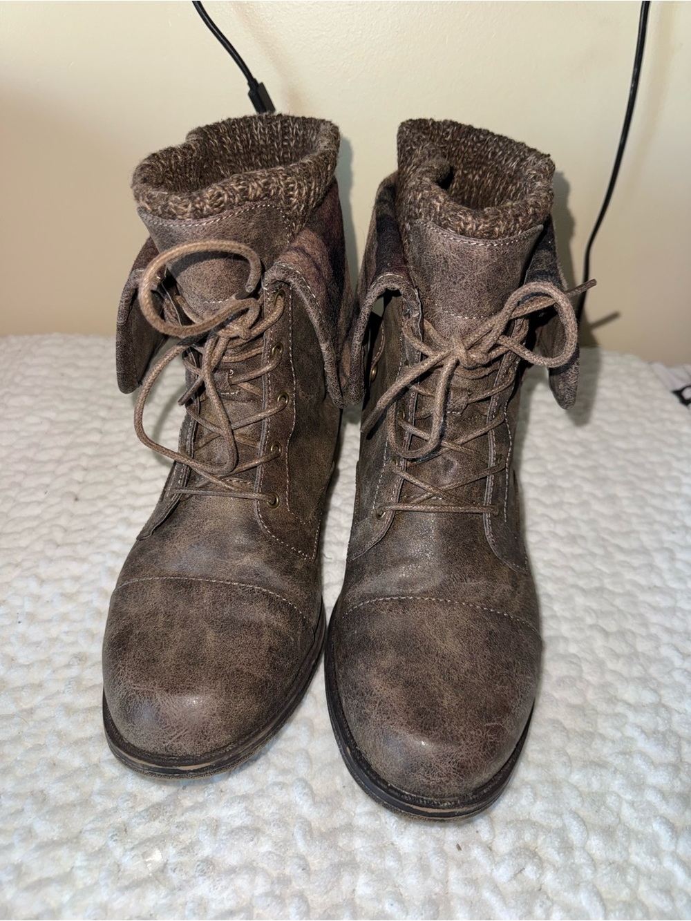 JustFab Brown Lace-Up Fold-Over Ankle Boots with Knit Cuff